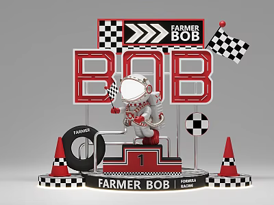 Decorative Ornament Set With Farmer BOB Racing Theme Podium Checkered Flag Tire And Traffic Cones 3d model