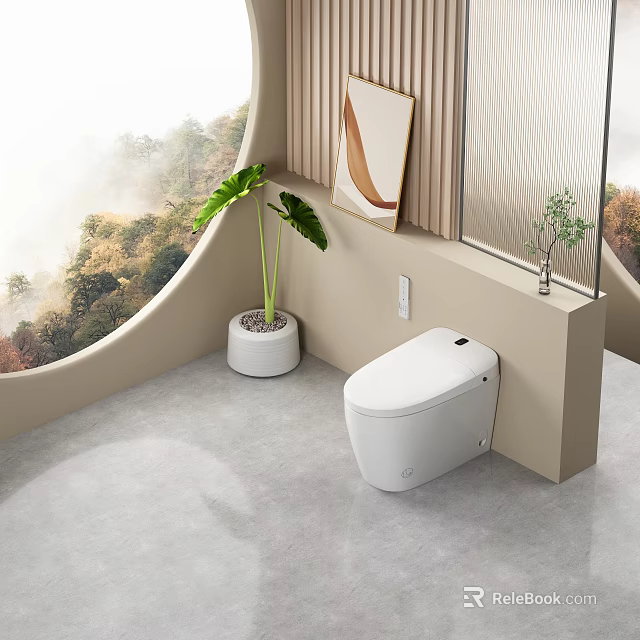 Modern Wall Hung White Toilet in Minimalist Bathroom with Green Plants and Natural Landscape View 3d model 