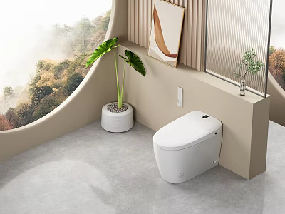 Modern Wall Hung White Toilet in Minimalist Bathroom with Green Plants and Natural Landscape View 3d model