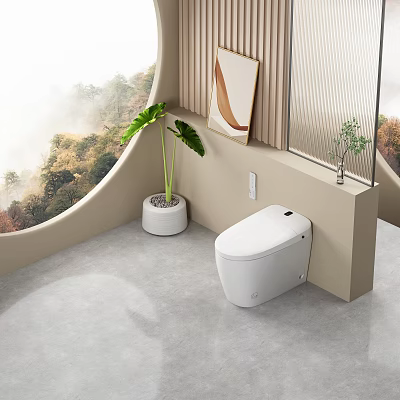 Modern Wall Hung White Toilet in Minimalist Bathroom with Green Plants and Natural Landscape View 3d model