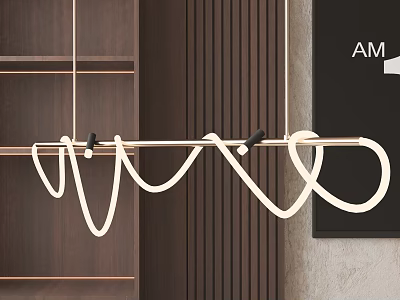 Modern Curved Pendant Light Design With White Metal Frame And Wooden Wall Background 3d model