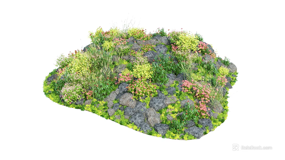 Colorful Garden Flowers and Lush Green Plants with Stones in Small Landscape Design 3d model 