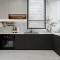 Modern Kitchen With Dark Light Cabinets Marble Backsplash Refrigerator Oven Sink Plants And Window Blinds