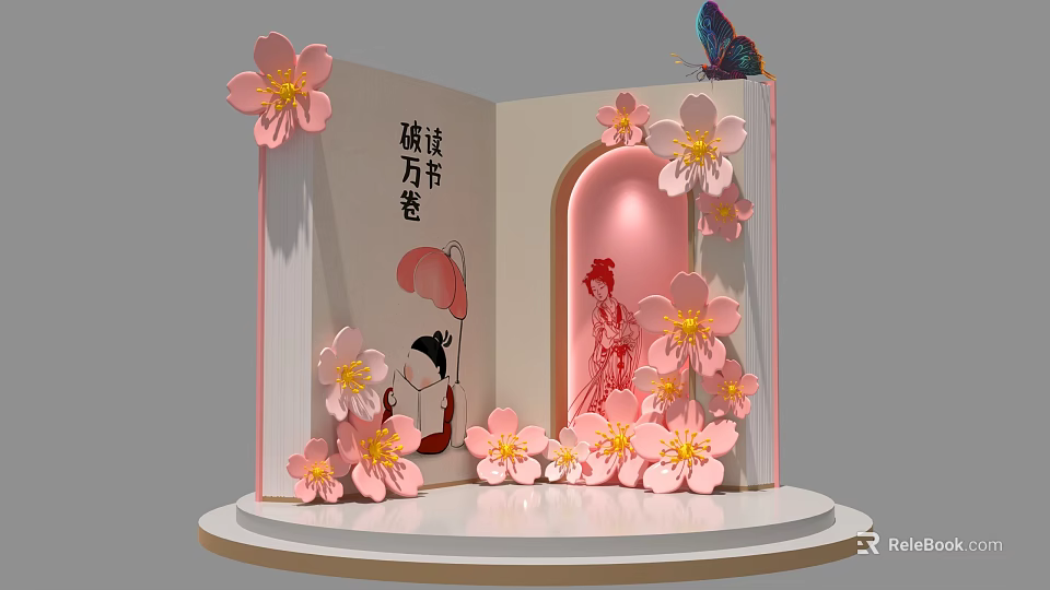 Cherry Blossom Photo Check in Spot With Book Archway Butterfly And Pink Flowers 3d model 