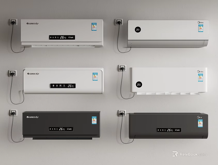 Modern Wall Mounted Air Conditioner Fans With Digital Displays And Various Colors 3d model 