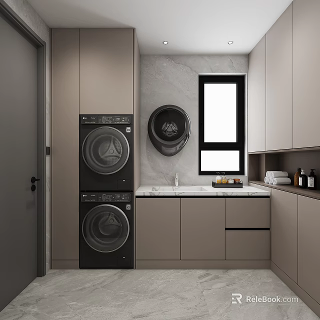 Modern Kitchen Interior Design With Stacked Washer Dryer Gray Cabinets Sink And Window 3d model 