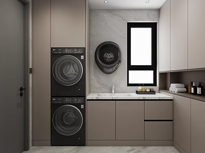 Modern Kitchen Interior Design With Stacked Washer Dryer Gray Cabinets Sink And Window 3d model