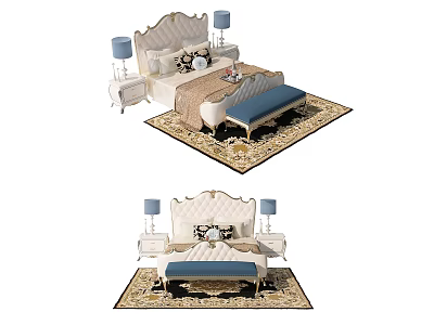Elegant Double Bed With Upholstered Headboard Nightstands Table Lamps Bed Bench And Area Rug 3d model