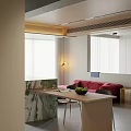 Modern Open Dining And Living Room Design With Red Sofa Dining Table And Chairs