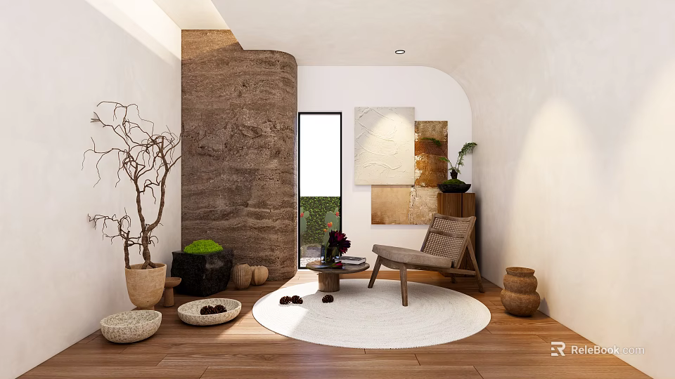 Natural Lounge Room Interior With Wooden Floor Round Rug And Plants 3d model 