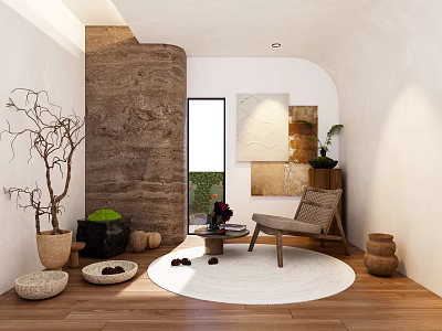 Natural Lounge Room Interior With Wooden Floor Round Rug And Plants 3d model