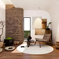 Natural Lounge Room Interior With Wooden Floor Round Rug And Plants