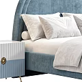 Kids Bed With Arched Headboard Soft Pillows Matching Nightstand Blue Accents