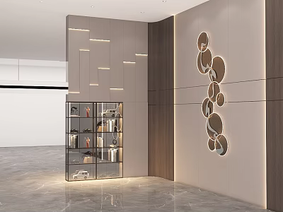 Modern Beige Background Wall With Wooden Accents And Circular Decorative Elements In Interior 3d model