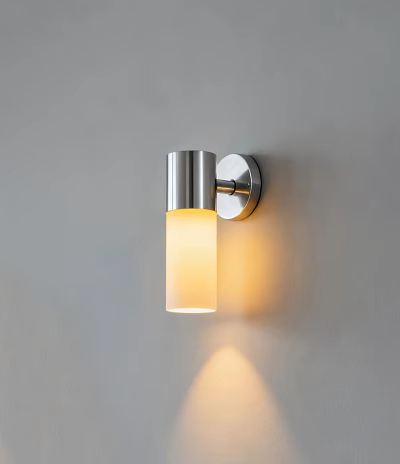 Modern Stainless Steel Wall Light With Frosted Glass Shade And Warm Illumination On Gray Wall 3d model