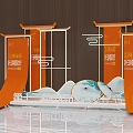 Modern Indoor Space Layout With Wooden Partitions And Orange Seating Elements 3d model