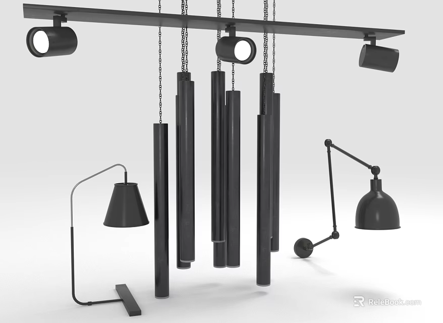 Stylish Modern Black Lighting Combination With Pendant Column Lights And Table Lamps 3d model 