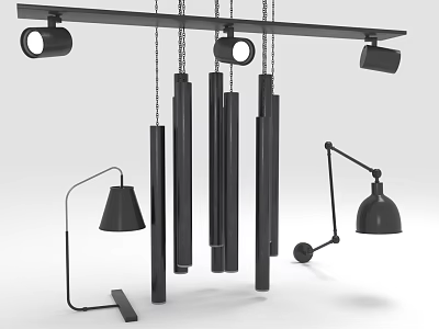 Stylish Modern Black Lighting Combination With Pendant Column Lights And Table Lamps 3d model