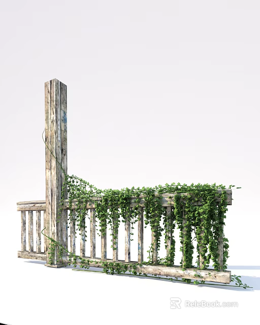 Wooden Railing With Rustic Design Covered In Green Vines For Outdoor Space 3d model 