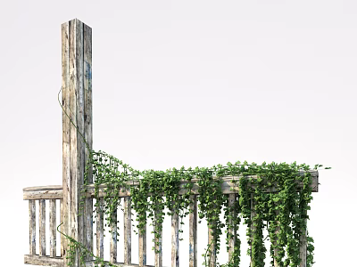 Wooden Railing With Rustic Design Covered In Green Vines For Outdoor Space 3d model