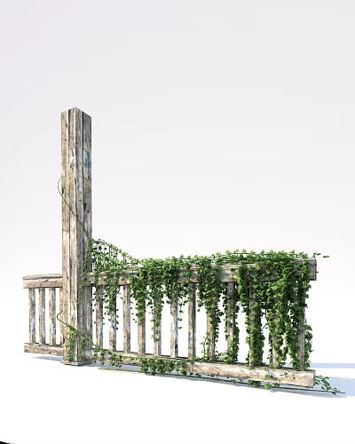 Wooden Railing With Rustic Design Covered In Green Vines For Outdoor Space 3d model