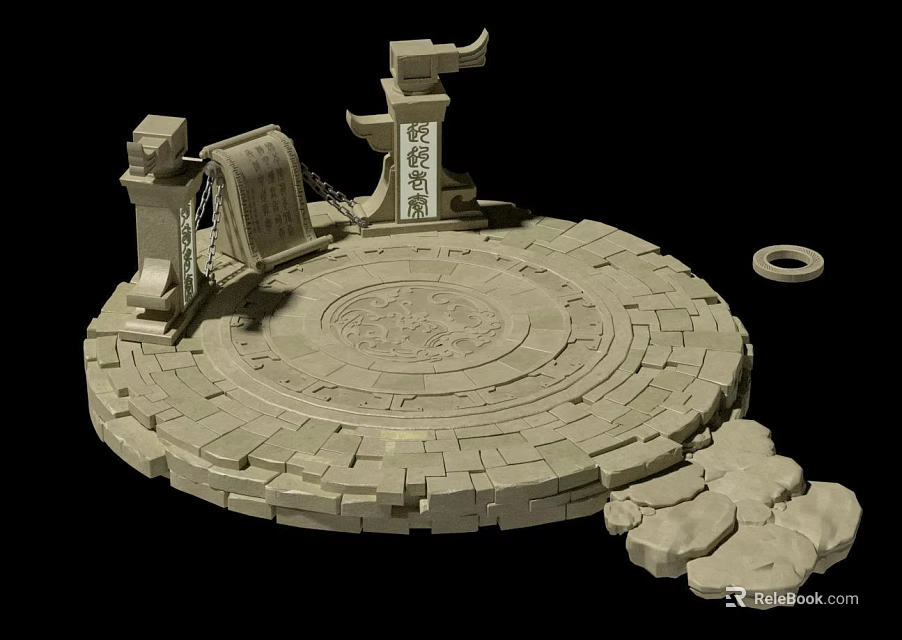 Ancient Style Stone Circular Platform With Pillars Tablets Carvings And Chains 3d model 