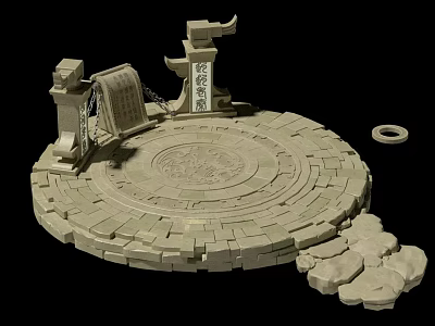 Ancient Style Stone Circular Platform With Pillars Tablets Carvings And Chains 3d model