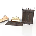Classic Antique Furniture Collection Featuring Carved Chaise Lounge Loveseat Cabinet And Decorative Rug