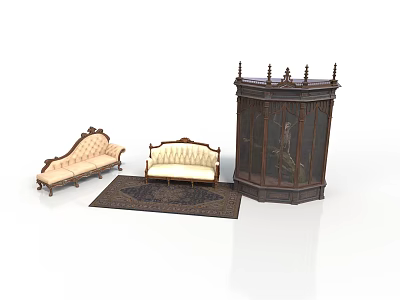 Classic Antique Furniture Collection Featuring Carved Chaise Lounge Loveseat Cabinet And Decorative Rug 3d model