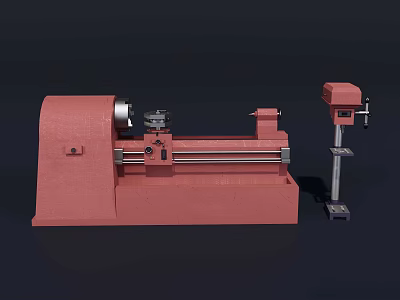 Industrial Red Lathe Machine With Horizontal Bed Spindle And Tool Post For Metalworking 3d model