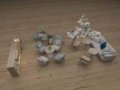 Modern Sofa Coffee Table Set With Wooden Floor Fireplace Green Plants And Cushions 3d model