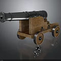 Vintage Cannon with Wooden Carriage Metal Barrel Wheels and Cannonballs on Reflective Surface
