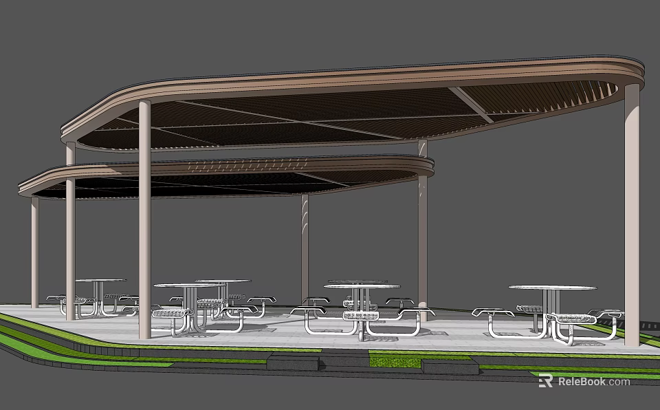 Outdoor Pergola With Shade Roof And Tables Chairs For Leisure Space 3d model 