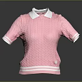 Pink Knitted Short Sleeve Top with White Collar Cuffs and Hem
