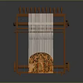 Traditional Wooden Loom With White Warp Threads And Colorful Patterned Fabric
