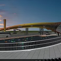 Yellow Curved Modern Bridge With Vehicles Driving Over Water Under Evening Cloudy Sky