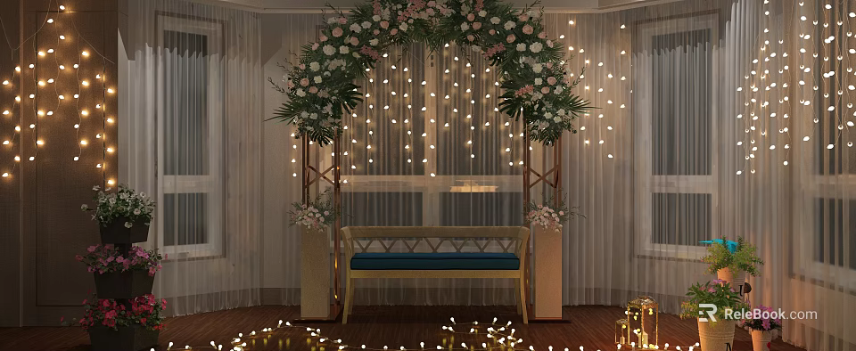 Elegant Indoor Wedding Flower Arch with String Lights and Bench Decor 3d model 