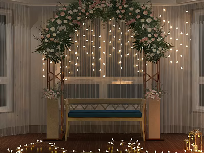 Elegant Indoor Wedding Flower Arch with String Lights and Bench Decor 3d model