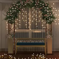 Elegant Indoor Wedding Flower Arch with String Lights and Bench Decor
