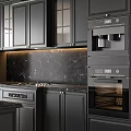 Modern Kitchen Interior With Dark Cabinets Marble Countertop Island And Appliances