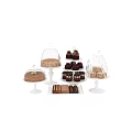 Delicious Assorted Pastries Cakes And Chocolates On Glass Dome Cake Stands