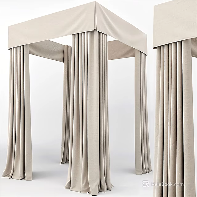 Elegant Bed Canopy Design With Soft Light Beige Flowy Draped Curtains And Fabric 3d model