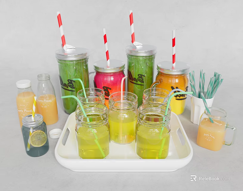 Colorful Fruit Juices in Glass Cups with Metal Straws and Lemon Slices on White Tray 3d model 