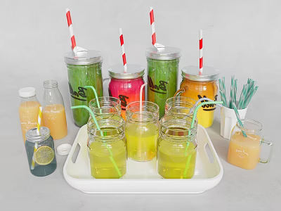Colorful Fruit Juices in Glass Cups with Metal Straws and Lemon Slices on White Tray 3d model