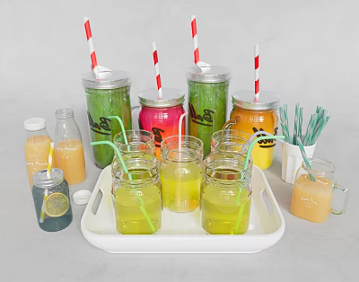 Colorful Fruit Juices in Glass Cups with Metal Straws and Lemon Slices on White Tray 3d model