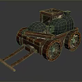 Ancient Wooden Cart Structure With Black Round Containers And Wooden Wheels
