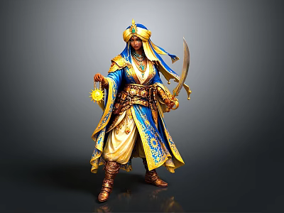 Traditional Blue And Gold Warrior Mage Figure With Headscarf Scimitar And Glowing Orb 3d model