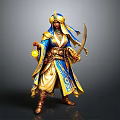Traditional Blue And Gold Warrior Mage Figure With Headscarf Scimitar And Glowing Orb