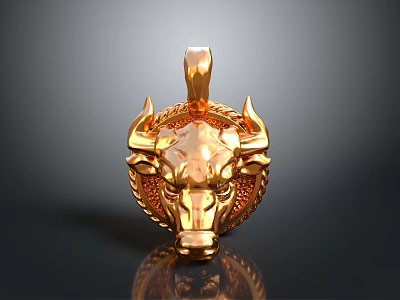 Golden Bull Head Pendant With Exquisite Craftsmanship And Intricate Horn Details 3d model