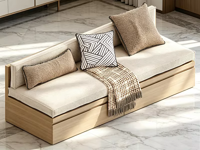 Modern Two Seater Sofa with Wooden Frame Striped Solid Cushions Woven Blanket on Marble Floor 3d model